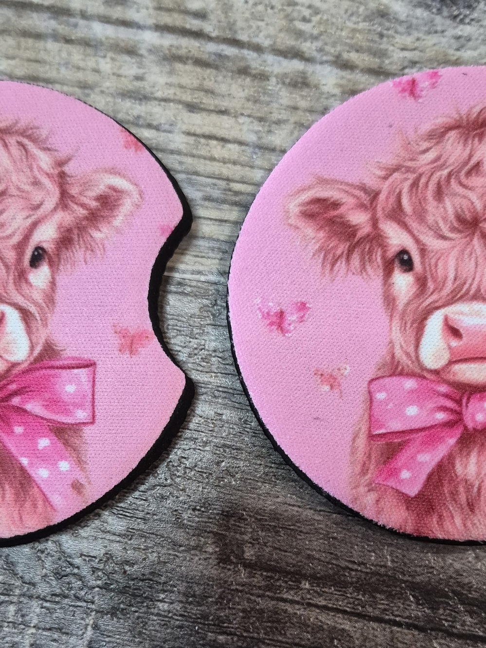 Pink Highland Cow Car Coasters for With Cute Bow Design.